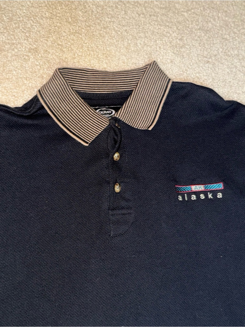 Oura Navy Polo with Beige Striped Collar